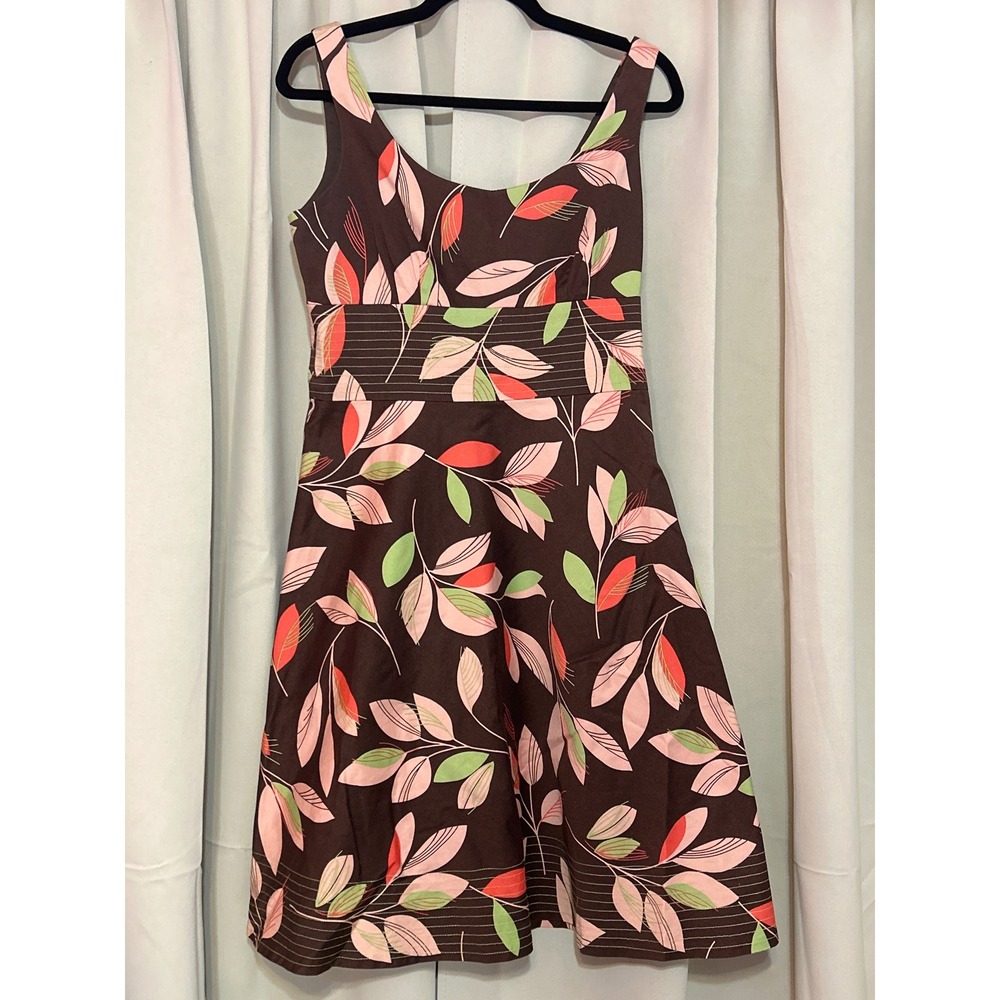 Dressbarn Cotton Leaf Print Fit & Flare Dress 8 Brown Pink Green Sleeveless